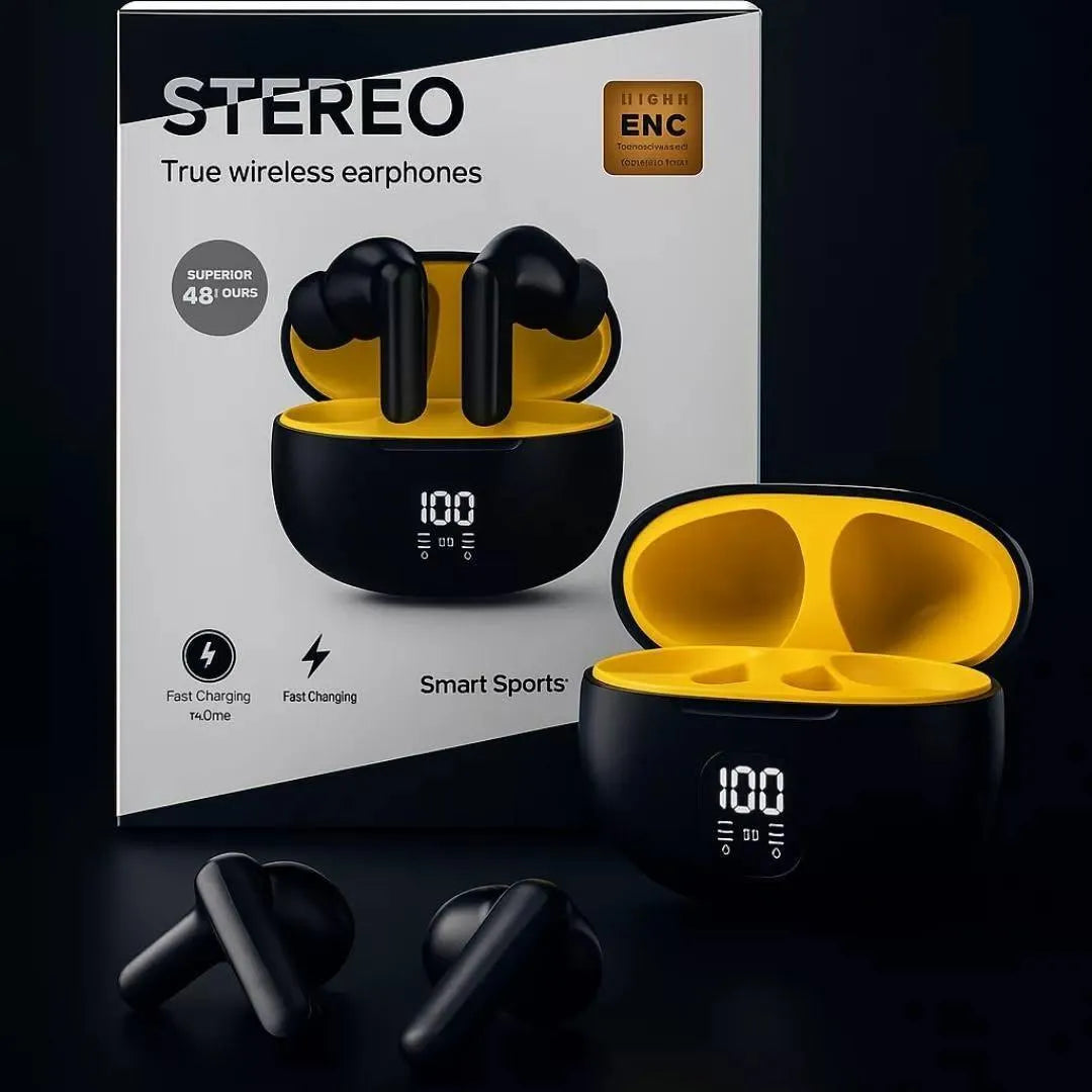Black 385 Earbuds with ANC & Yellow Design