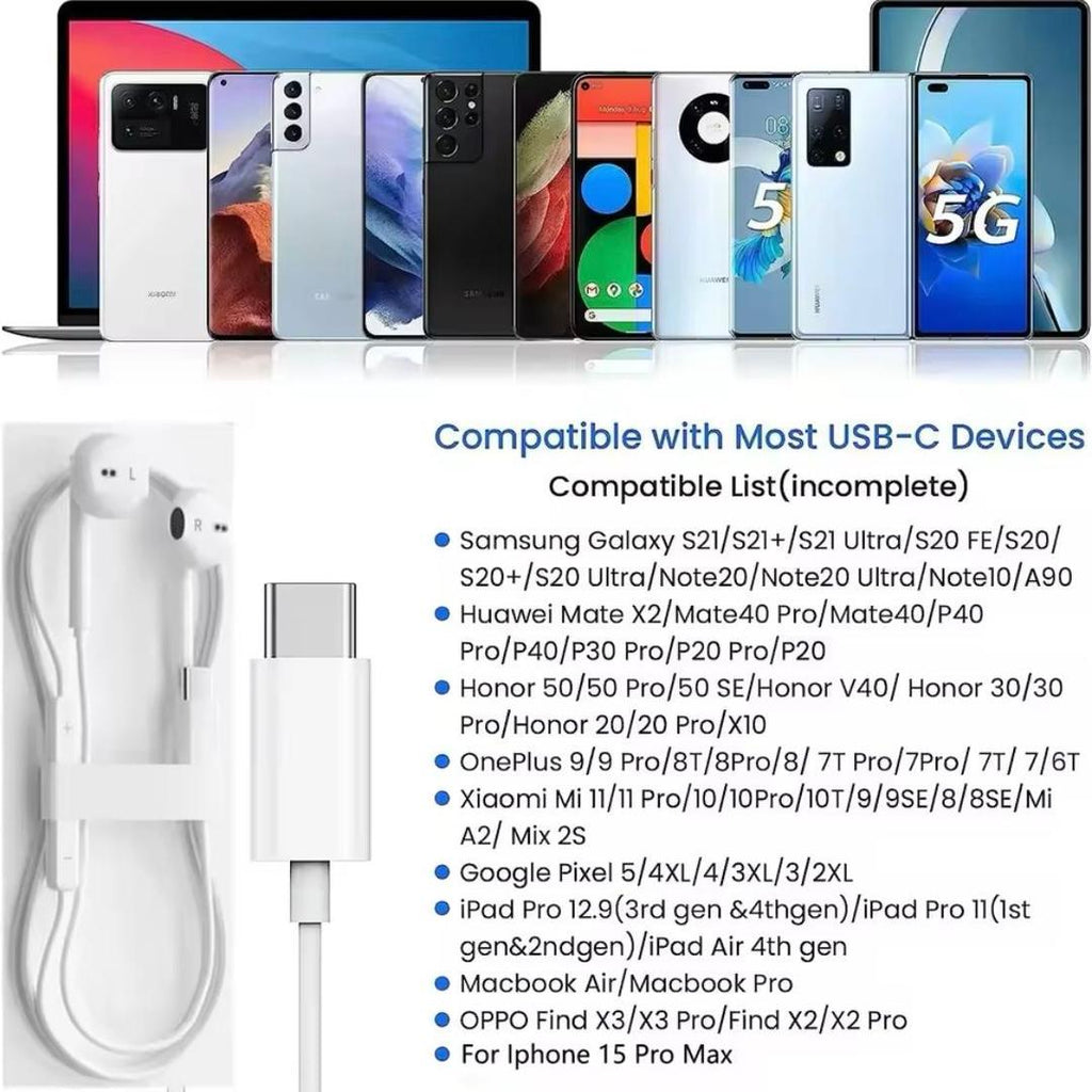 White Earphones USB-C with Mic & Comfortable